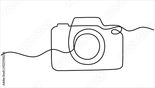camera continuous one line drawing illustration. Single Line Vector Illustration. Camera, Lens, Tripod, Shutter.