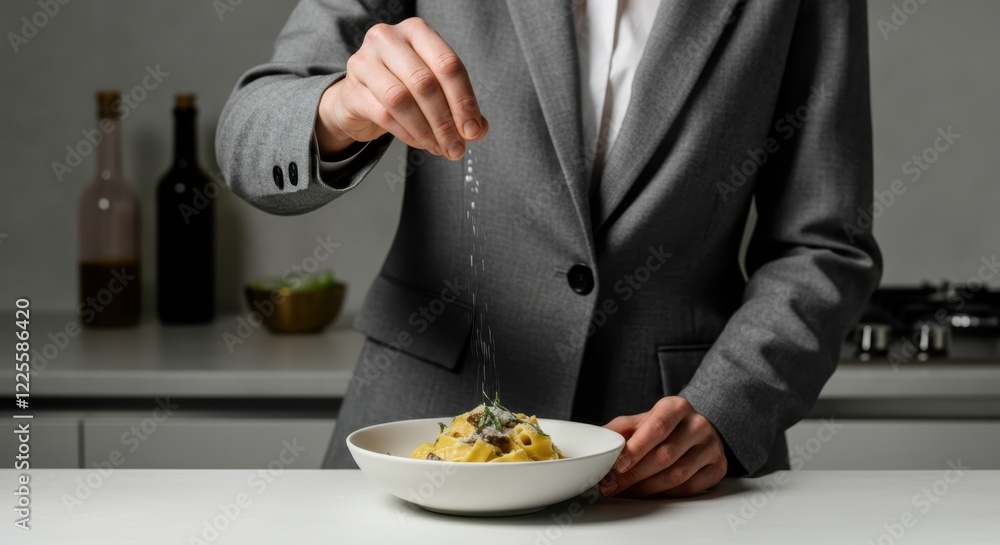 Caucasian male chef in suit seasoning pasta dish in modern kitchen Caucasian male chef in suit seasoning pasta dish in modern kitchen