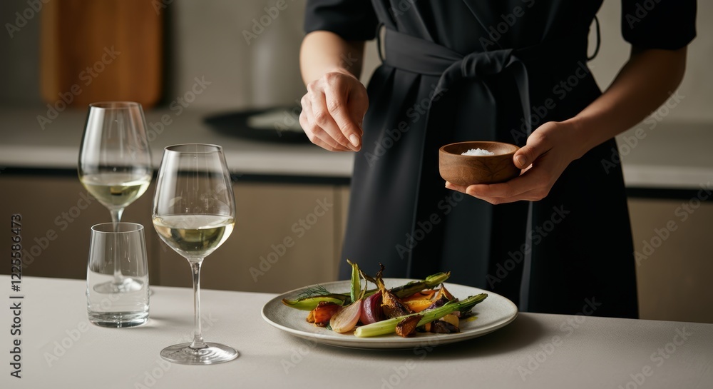 Female chef garnishing gourmet dish with salt in elegant kitchen setting Female chef garnishing gourmet dish with salt in elegant kitchen setting