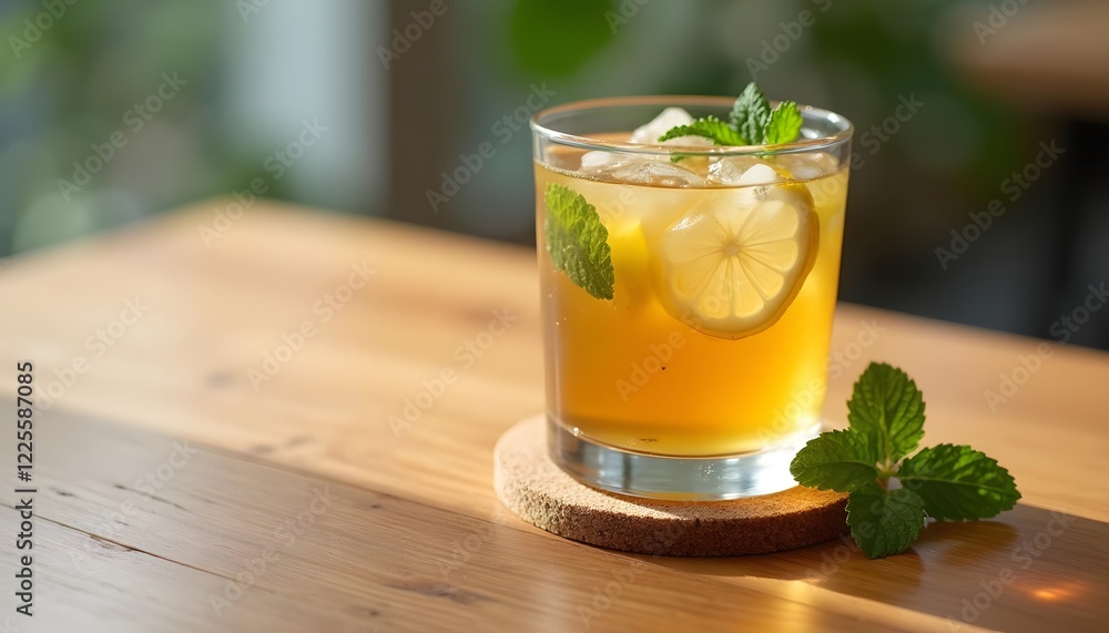 Refreshing Iced Tea with Lemon and Mint on Wooden Table Refreshing Iced Tea with Lemon and Mint on Wooden Table