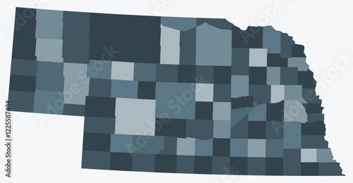 Map of Nebraska with counties. A simple state border map with county divisions in a blue-grey color palette. Vector illustration.