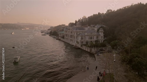 Aerial view of the Egyptian Consulate along the Bosphorus during autumn sunset, Bebek, Istanbul, Turkey. photo