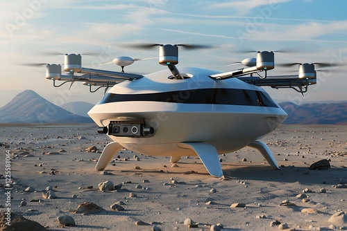 A sleek, white, multirotor dronelike vehicle sits on a rocky desert. It resembles a futuristic air taxi or autonomous transport, possibly for exploration or delivery. Clear sky, mountainous background photo