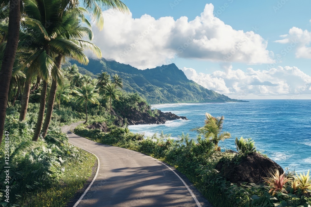 Scenic coastal road winding through tropical landscape under bright blue sky with fluffy clouds during daytime