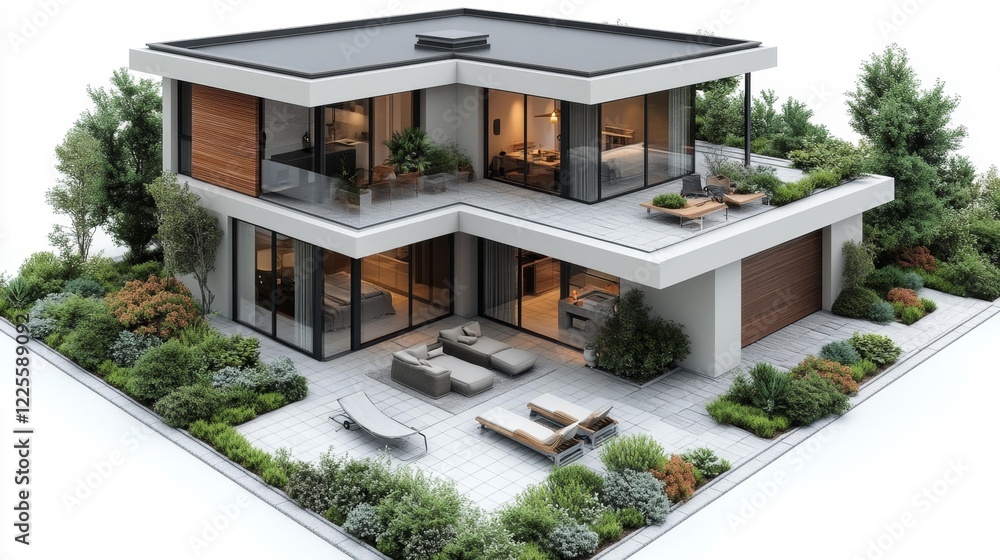 Fototapeta premium Spacious modern home with lush greenery and large pool. Generative AI