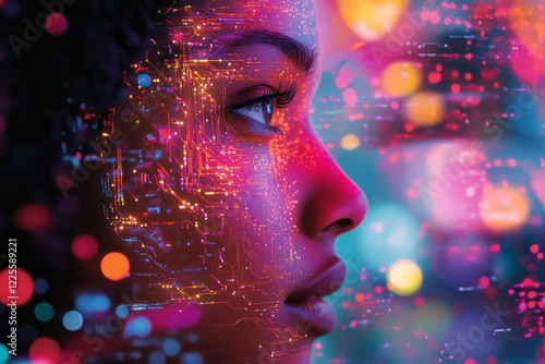 Young woman with glowing digital elements overlaying her profile, symbolizing technology and innovation in a vibrant, futuristic atmosphere