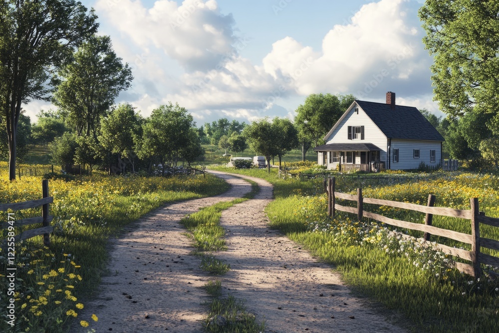 Scenic country road leads to charming white farmhouse surrounded by blooming wildflowers in a peaceful rural landscape during daylight
