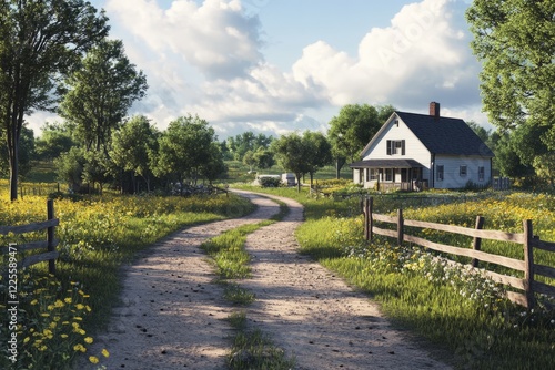 Obraz na płótnie Scenic country road leads to charming white farmhouse surrounded by blooming wildflowers in a peaceful rural landscape during daylight w salonie