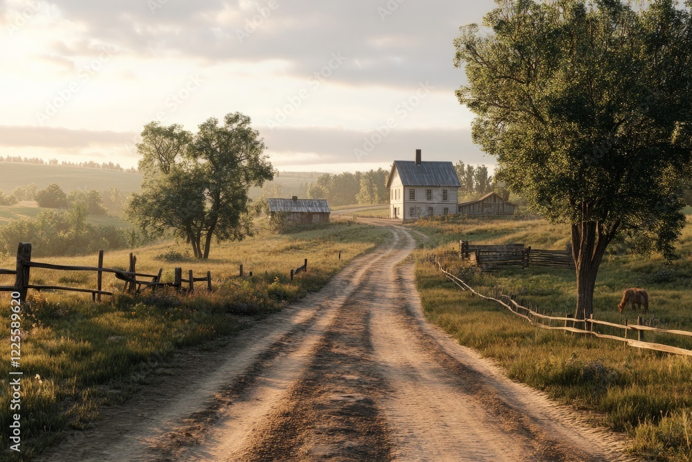 Dusty gravel road leads to a secluded farmhouse surrounded by lush fields and serene trees during golden hour
