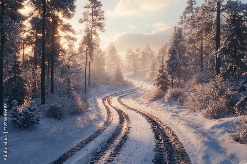 Winter road winding through a snow-covered forest during golden hour with soft sunlight streaming through tall trees