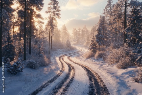 Winter road winding through a snow-covered forest during golden hour with soft sunlight streaming through tall trees