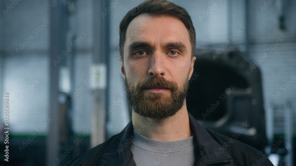 Male portrait Caucasian adult man guy confident serious mechanic engineer repairman industrial worker in uniform technician electrician specialist automobile diagnostics looking at camera car service Male portrait Caucasian adult man guy confident serious mechanic engineer repairman industrial worker in uniform technician electrician specialist automobile diagnostics looking at camera car service