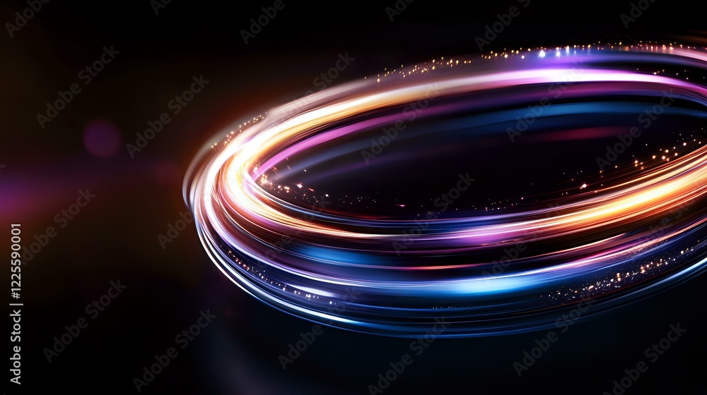 Glowing spiral light trails with blue, orange and purple colors swirling in dark background creating dynamic motion effect for abstract technology designs. Glowing spiral light trails with blue, orange and purple colors swirling in dark background creating dynamic motion effect for abstract technology designs.
