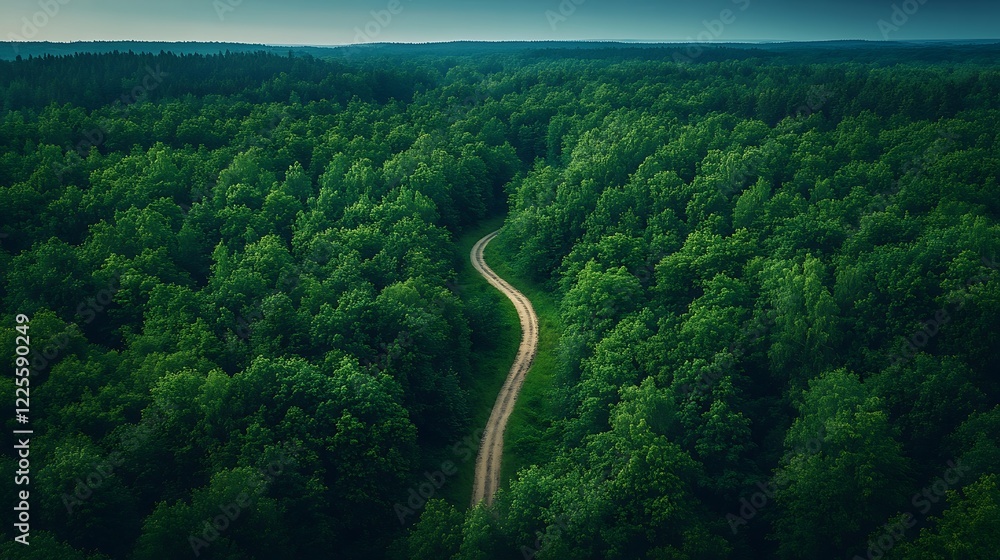 aerial view of a road snaking through a lush, green forest, creating a sense of mystery and adventure aerial view of a road snaking through a lush, green forest, creating a sense of mystery and adventure