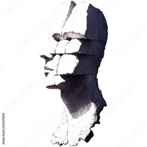 Ancient stone sculptures of unknown origin. Faces carved in rock. Halftone effect with dots.   