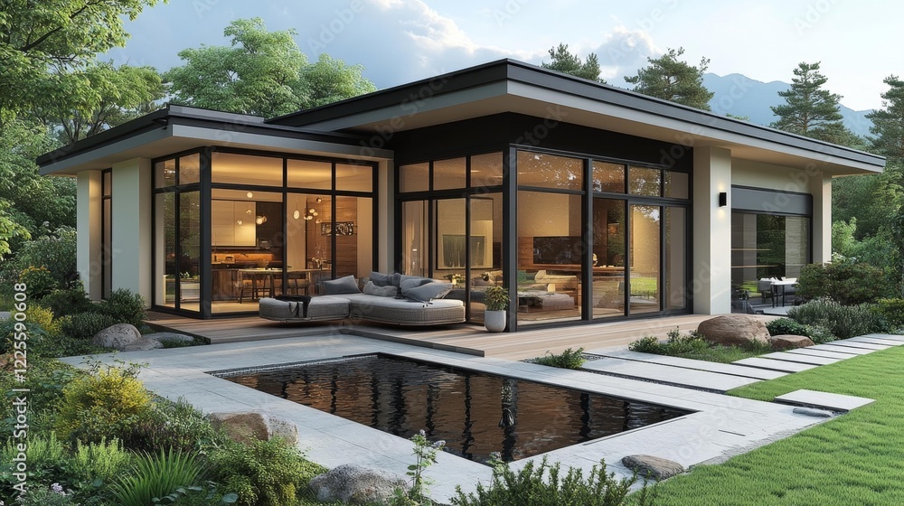 Stylish modern home with large windows and a serene garden. Generative AI Stylish modern home with large windows and a serene garden. Generative AI