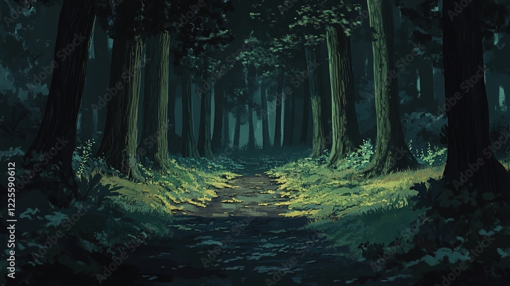 Obraz premium A dark forest road, with tall trees on both sides, a mossy ground, and dark green leaves, creates an eerie, cinematic atmosphere.