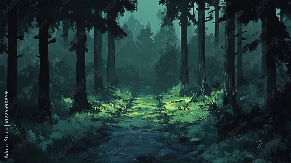 Fototapeta premium A dark forest road, with tall trees on both sides, a mossy ground, and dark green leaves, creates an eerie, cinematic atmosphere.