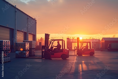 Two forklifts operate at sunset outside a warehouse, moving pallets. The scene depicts industrial logistics and material handling at dusk.