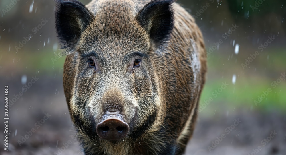 Close-up portrait of a wild boar in rainy forest setting Close-up portrait of a wild boar in rainy forest setting