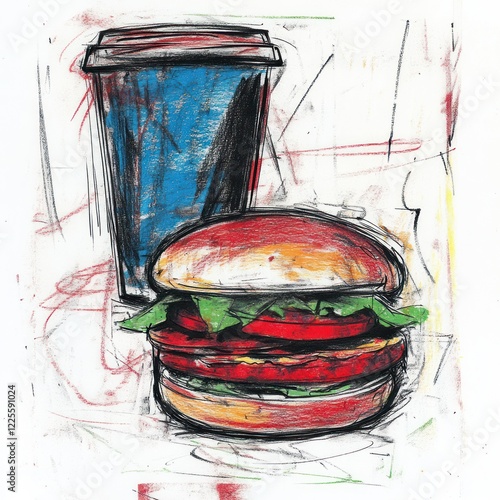 Artistic depiction of a burger and drink, abstract background photo