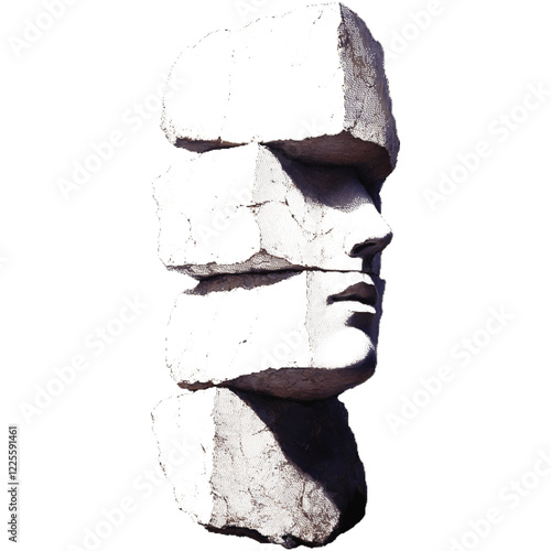 Ancient stone sculptures of unknown origin. Faces carved in rock. Halftone effect with dots.   