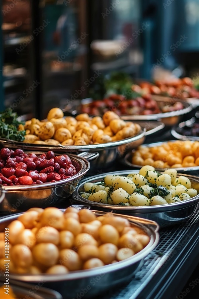 Obraz premium A photo of a buffet with various colored vegetables in metal bowls, and several plates stacked with potatoes. 