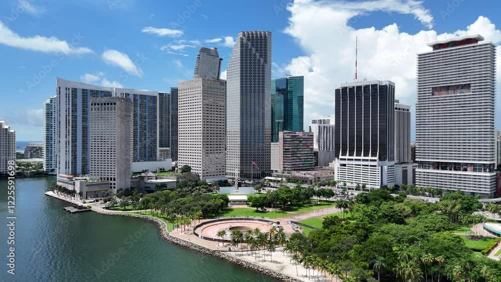 Aerial view of beautiful downtown skyline with modern skyscrapers and scenic waterfront, Miami, United States. Aerial view of beautiful downtown skyline with modern skyscrapers and scenic waterfront, Miami, United States.