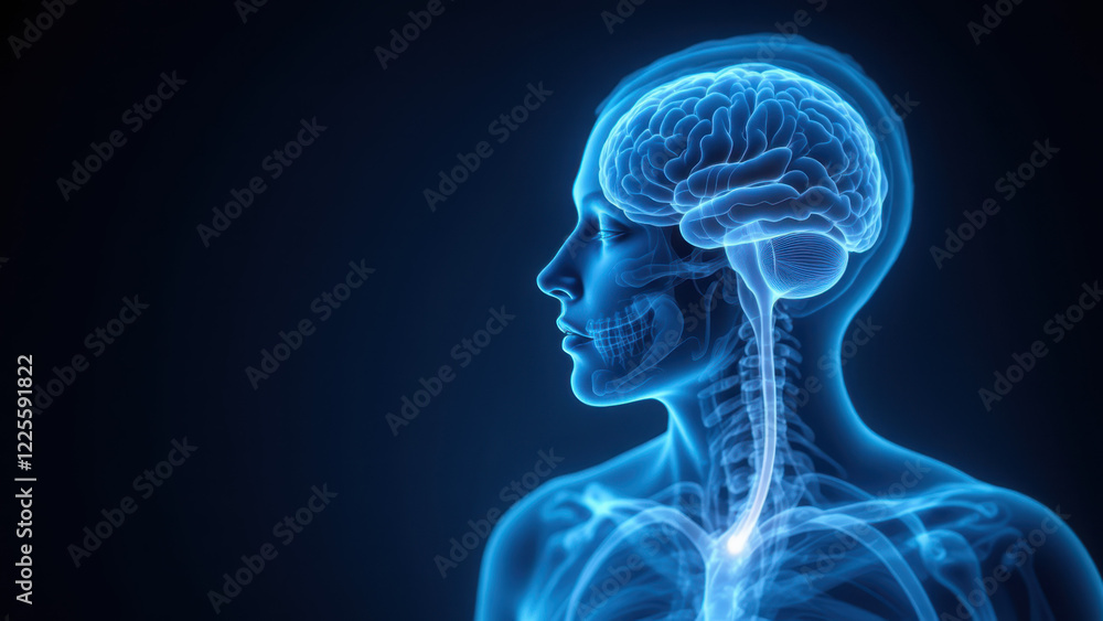 VNS, vagus nerve stimulation illustrated using medical imaging of a human head with highlighted brain and neck structure. VNS, vagus nerve stimulation illustrated using medical imaging of a human head with highlighted brain and neck structure.
