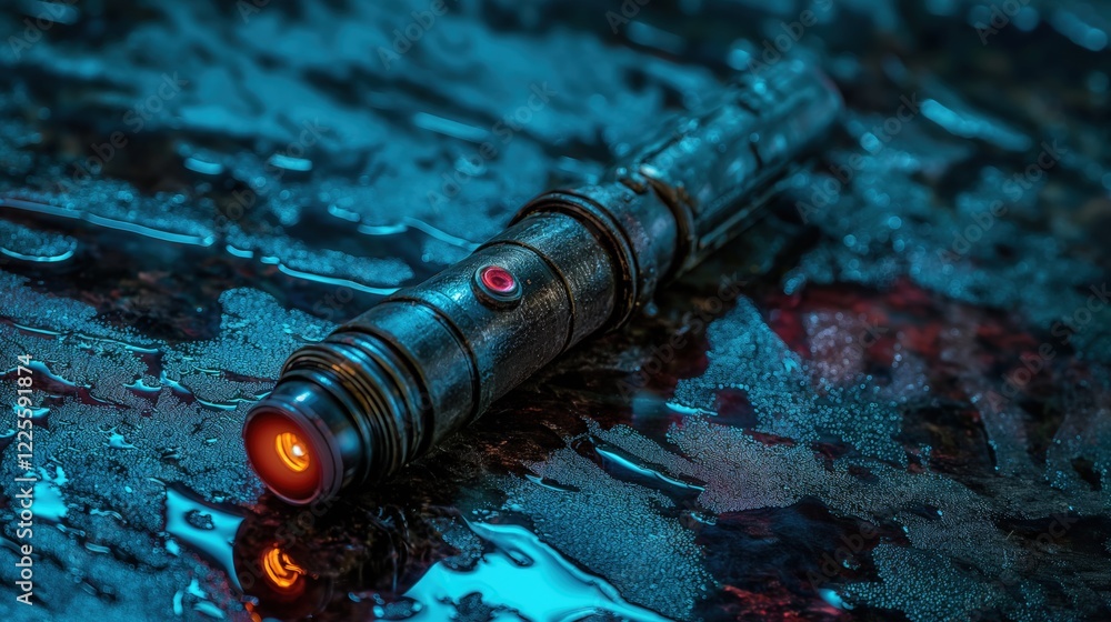 Naklejka premium A Star Wars light saber lying on a reflective wet surface, showcasing its futuristic design and vibrant color in a dimly lit room a star wars light saber on a wet surface