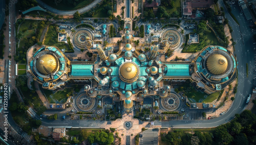 Aerial View of Grand Architectural Complex with Turrets, Domes, and Scenic Surroundings in Urban Landscape during Golden Hour Lighting Aerial View of Grand Architectural Complex with Turrets, Domes, and Scenic Surroundings in Urban Landscape during Golden Hour Lighting