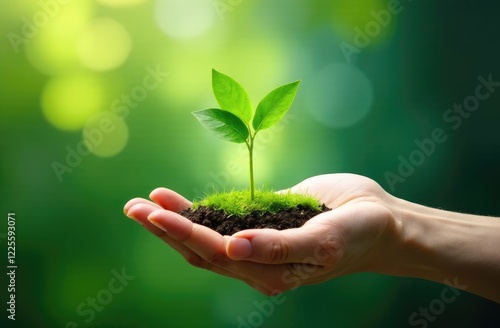 Human hand holding virtual energy saving concept icon. conservation of natural resources environmental protection and reducing carbon emissions, CO2, global warming and climate change. and sustainable photo