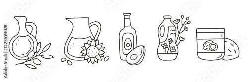 Doodle outline cooking oil in glass and plastic packages isolated on white background. Sunflower, olive, rapeseed, coconut, avocado oil bottles. Healthy nutrition concept. Vegetable fats.