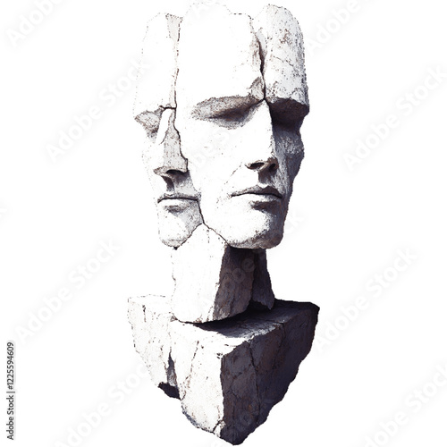 Ancient stone sculptures of unknown origin. Faces carved in rock. Halftone effect with dots.   
