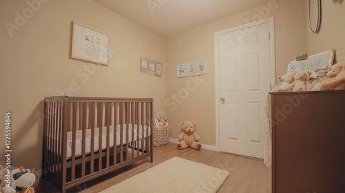 Photo of a baby nursery with beige walls and minimal furniture, featuring an empty wall for mockups. 