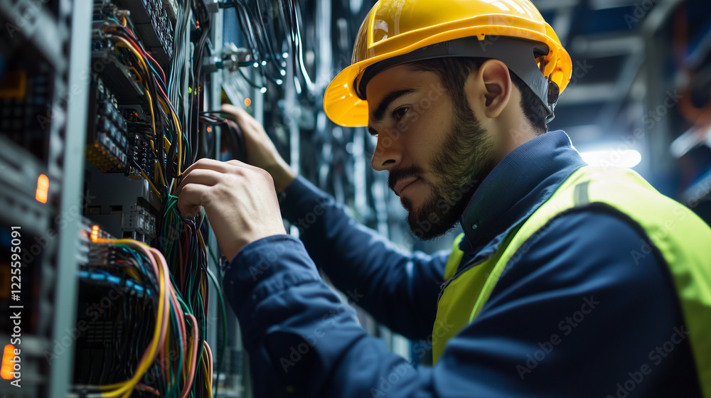Hispanic worker with safety jacket and hardhat working on working on an electicity installation in a factory. Male engineer working on a fuse box, wearing safety gear, professionalism. Specialized tec Hispanic worker with safety jacket and hardhat working on working on an electicity installation in a factory. Male engineer working on a fuse box, wearing safety gear, professionalism. Specialized tec