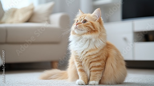 Wallpaper Mural A fluffy white cat with blue eyes sits gracefully on a light gray chair in a bright, airy living room. Wooden elements add warmth to the minimalist decor Torontodigital.ca