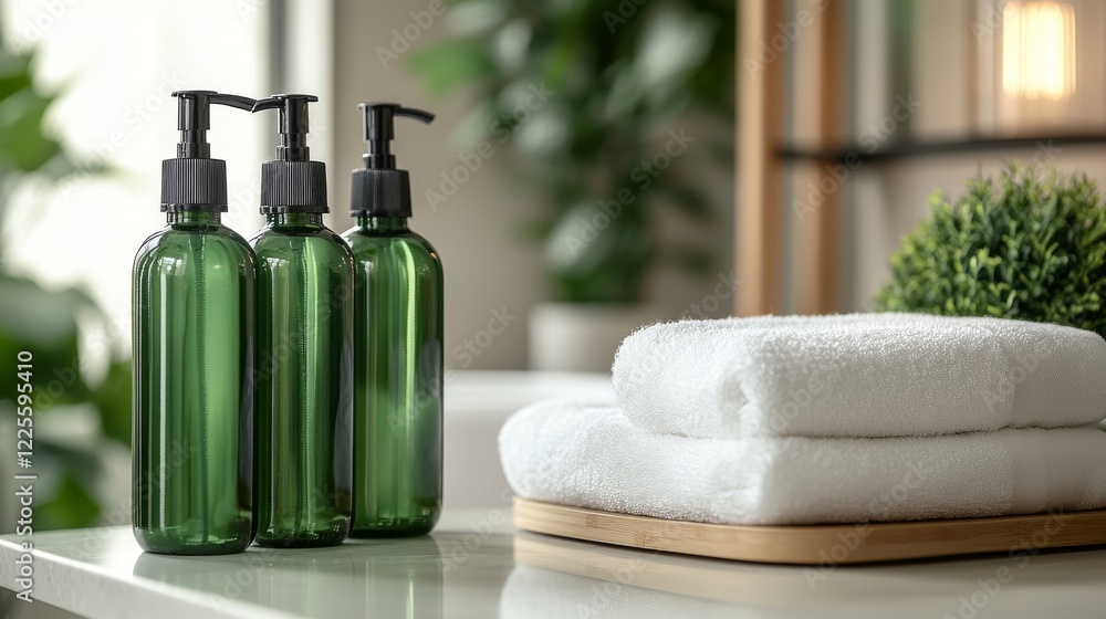 Elegant green bottles and fluffy towels arranged thoughtfully in a serene bathroom setting, exuding tranquility and style Elegant green bottles and fluffy towels arranged thoughtfully in a serene bathroom setting, exuding tranquility and style