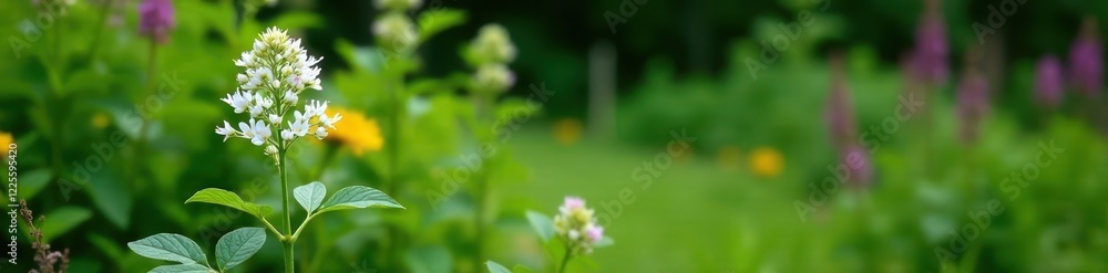White mugwort growing in a garden with other plants and flowers, greenery, garden White mugwort growing in a garden with other plants and flowers, greenery, garden