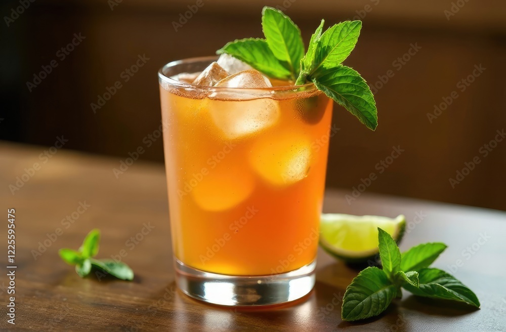 Fototapeta premium Homemade Moscow Mule Cocktail fresh vodka, lime juice, syrup and ginger beer and mint leaves as garnish