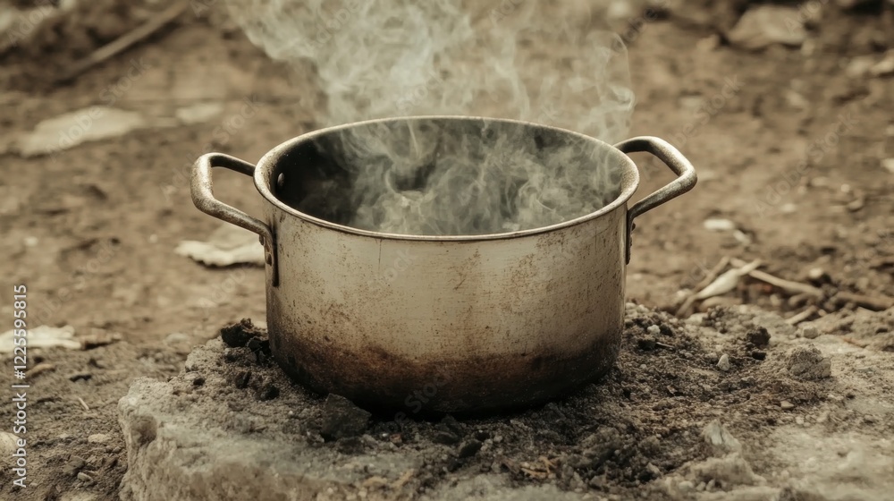 Steaming pot on ground, outdoor cooking. Steaming pot on ground, outdoor cooking.