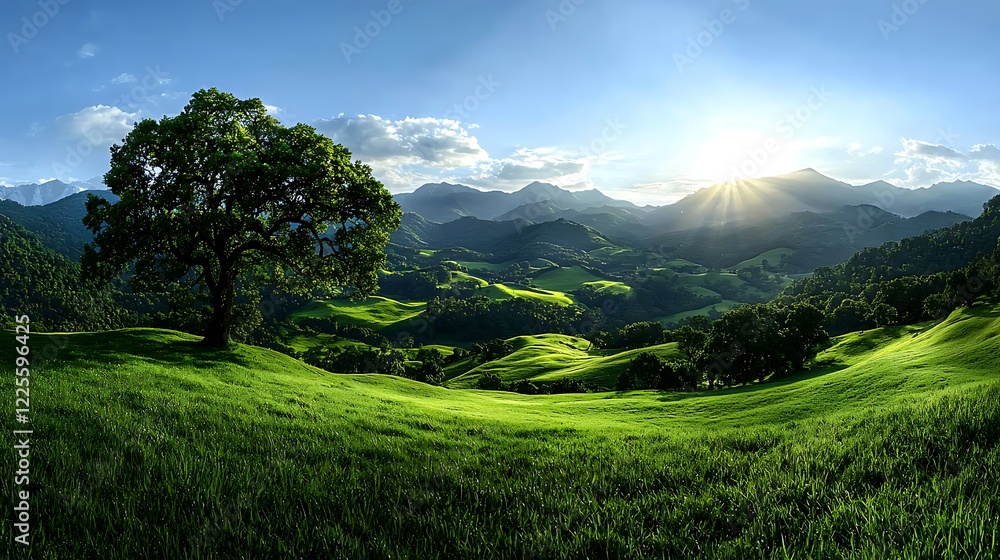 Naklejka premium Majestic sunset over rolling green hills, single tree foreground; idyllic landscape for nature, travel, and tourism