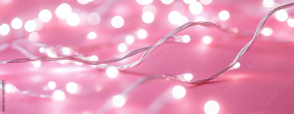 Glowing fairy string lights creating magical bokeh effect on pink background, soft focus illumination for romantic and festive atmosphere. Glowing fairy string lights creating magical bokeh effect on pink background, soft focus illumination for romantic and festive atmosphere.