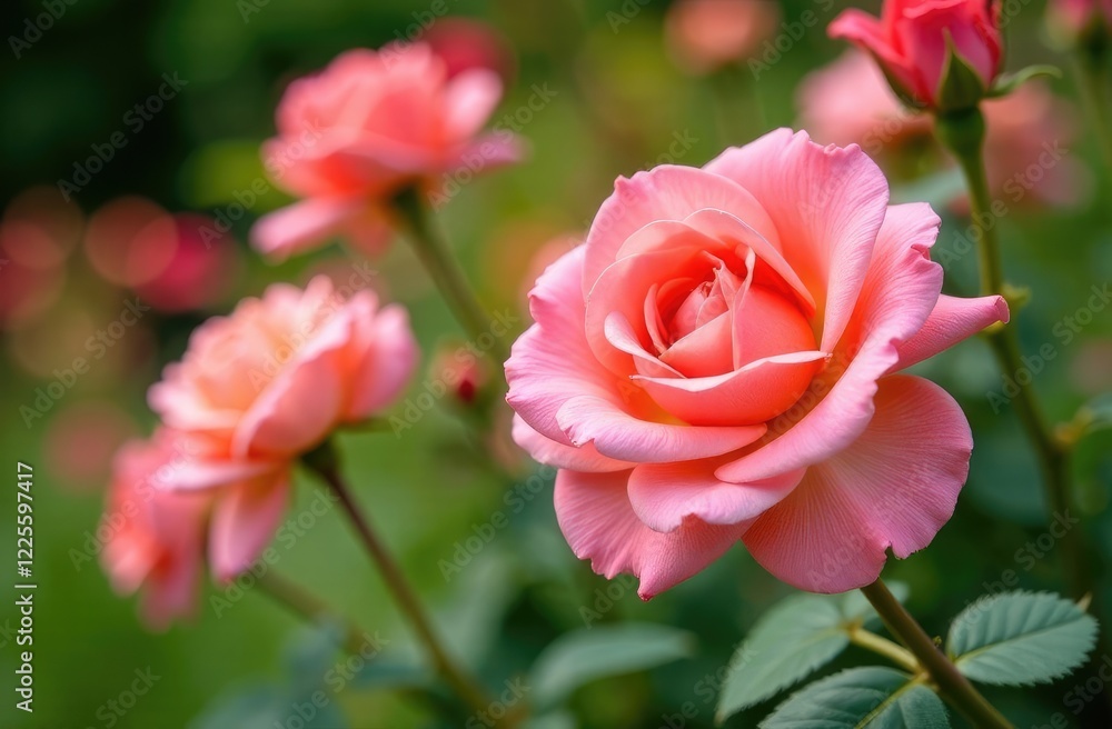 Blooming rose bushes close up in the garden. Summer natural background Blooming rose bushes close up in the garden. Summer natural background