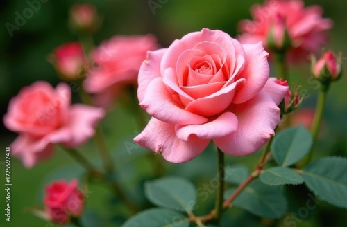 Blooming rose bushes close up in the garden. Summer natural background photo