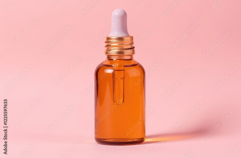 Amber glass bottle of essential oil or serum with pipette on pink pastel background with shadows. Natural skincare cosmetic concept Amber glass bottle of essential oil or serum with pipette on pink pastel background with shadows. Natural skincare cosmetic concept