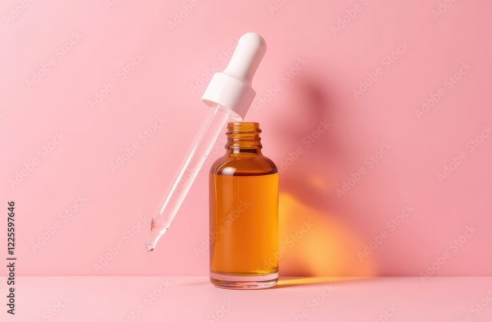 Amber glass bottle of essential oil or serum with pipette on pink pastel background with shadows. Natural skincare cosmetic concept Amber glass bottle of essential oil or serum with pipette on pink pastel background with shadows. Natural skincare cosmetic concept