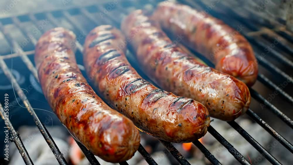 Four beautifully grilled sausage links sit on a barbecue grill, showcasing a rich, caramelized exterior as smoke rises in a backyard setting. Four beautifully grilled sausage links sit on a barbecue grill, showcasing a rich, caramelized exterior as smoke rises in a backyard setting.