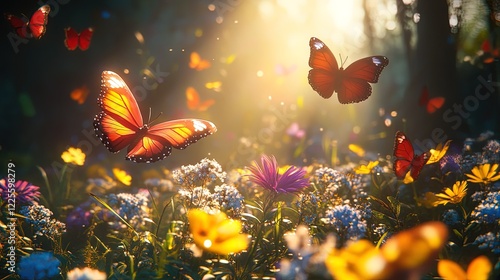 Wallpaper Mural Brightly colored butterflies fluttering among flowers in a sunlit forest clearing, joyful and vibrant scene  Torontodigital.ca