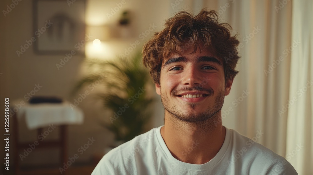 Young man smiling warmly in a cozy indoor setting with soft lighting and greenery in the background Young man smiling warmly in a cozy indoor setting with soft lighting and greenery in the background